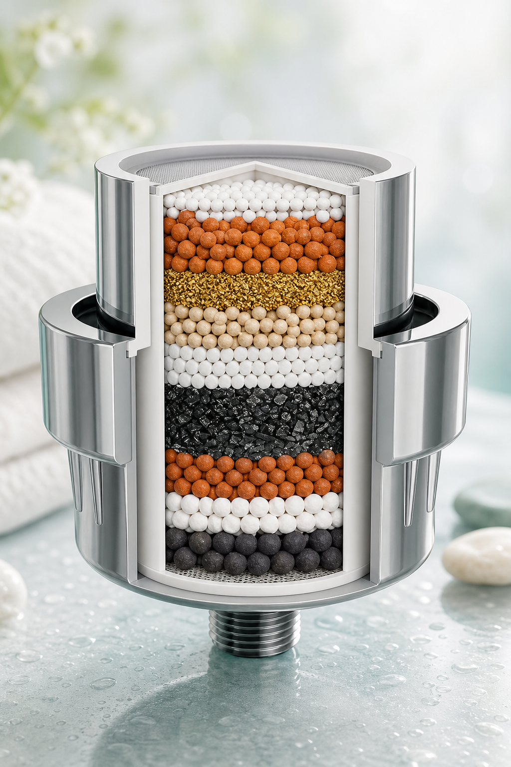 Brook 15-stage filter cutaway showing the media layers inside