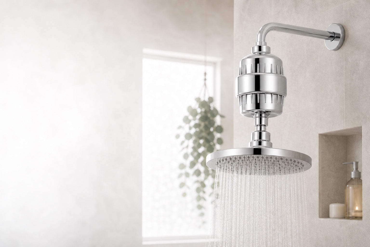 Brook chrome shower filter installed in a bright spa bathroom