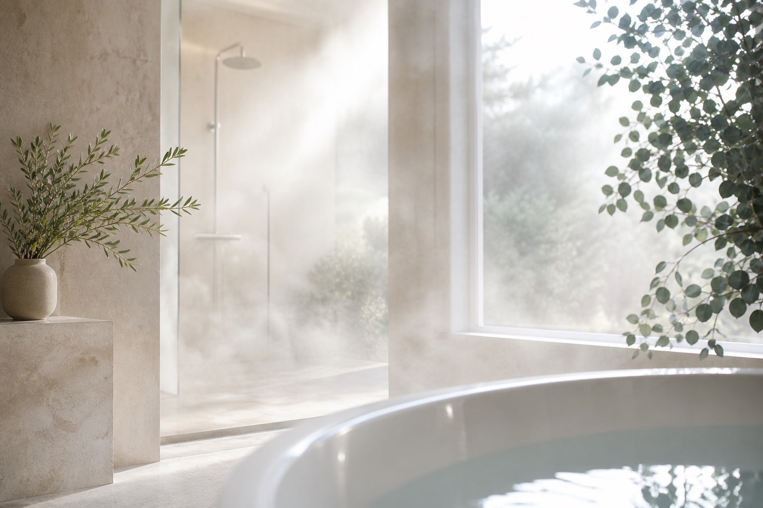 Soft morning steam in a bright spa bathroom